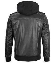 Men's Bomber Dark Grey Leather Jacket with Removable Hood The Leather Fit