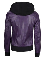 Women's Purple Real Leather Jacket with Removable Hood The Leather Fit