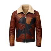 Men's Vintage Patchwork Leather Aviator Jacket with Faux Shearling Collar Brown & Black - The Leather Fit