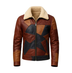Men's Vintage Patchwork Leather Aviator Jacket with Faux Shearling Collar Brown & Black - The Leather Fit
