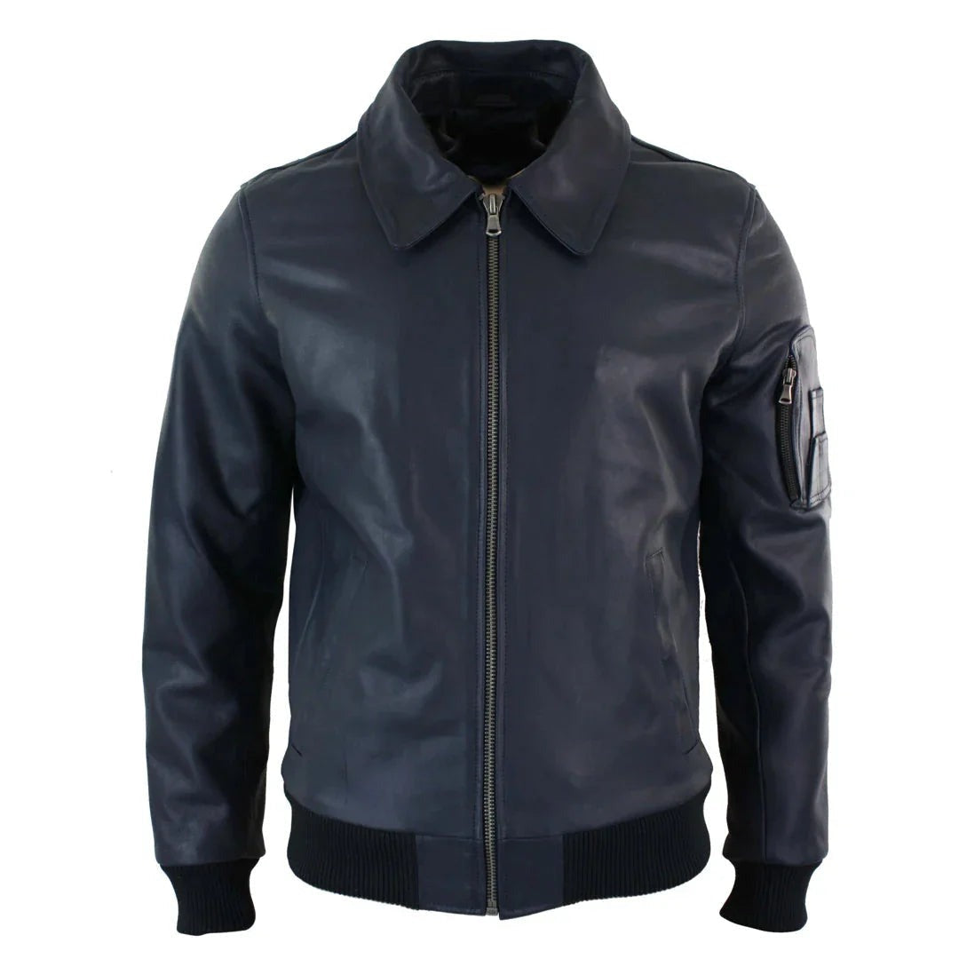 Men's Leather Harrington Navy Bomber Classic Pilot Jacket The Leather Fit