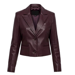 Women’s Burgundy Cropped Leather Jacket Handmade Cowhide Blazer - The Leather Fit