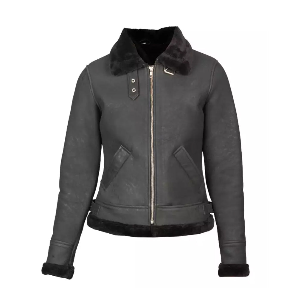 Black Shearling B-3 Leather Bomber Grey Jacket The Leather Fit
