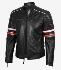 Men’s Black Cafe Racer Leather Jacket with Red & White Stripes The Leather Fit