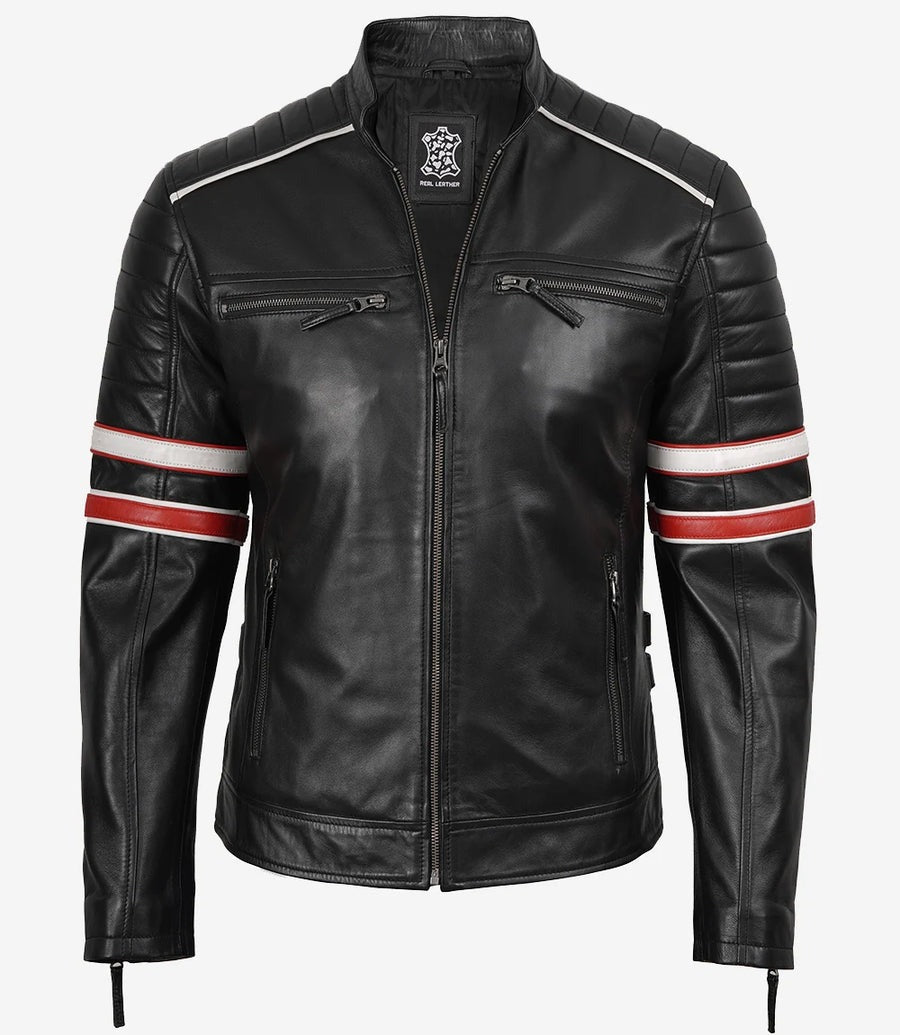 Men’s Black Cafe Racer Leather Jacket with Red & White Stripes The Leather Fit