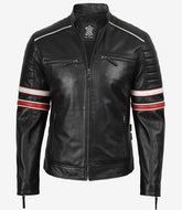 Men’s Black Cafe Racer Leather Jacket with Red & White Stripes The Leather Fit