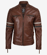 Men's Cognac Brown Leather Racer Jacket with Black and Beige Stripes The Leather Fit