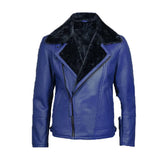 Men's Blue Leather Shearling Moto Jacket The Leather Fit