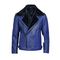 Men's Blue Leather Shearling Moto Jacket The Leather Fit