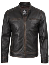 Men's Rub-Off Dark Brown Cafe Racer Style Leather Jacket The Leather Fit