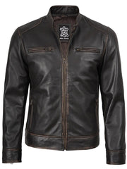 Men's Rub-Off Dark Brown Cafe Racer Style Leather Jacket The Leather Fit