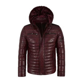 Hooded Leather Puffer Padded Jacket Cherry The Leather Fit