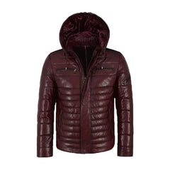 Hooded Leather Puffer Padded Jacket Cherry The Leather Fit