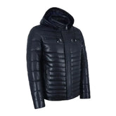 Hooded Leather Puffer Padded Jacket Navy The Leather Fit