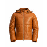 Hooded Puffer Leather Jacket Brown The Leather Fit