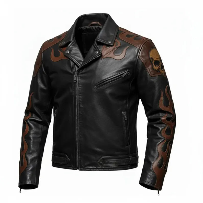 Men’s Skull Flame Leather Jacket Handmade Biker Coat Punk Rock Motorcycle Cowhide Back Style - The Leather Fit