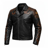 Men’s Skull Flame Leather Jacket Handmade Biker Coat Punk Rock Motorcycle Cowhide Back Style - The Leather Fit
