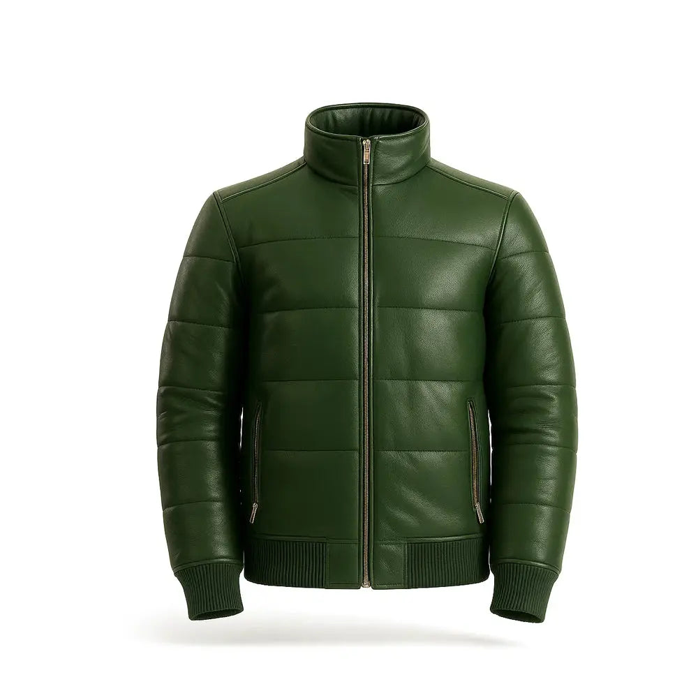 Maven Bomber Puffer Leather Jacket Green The Leather Fit