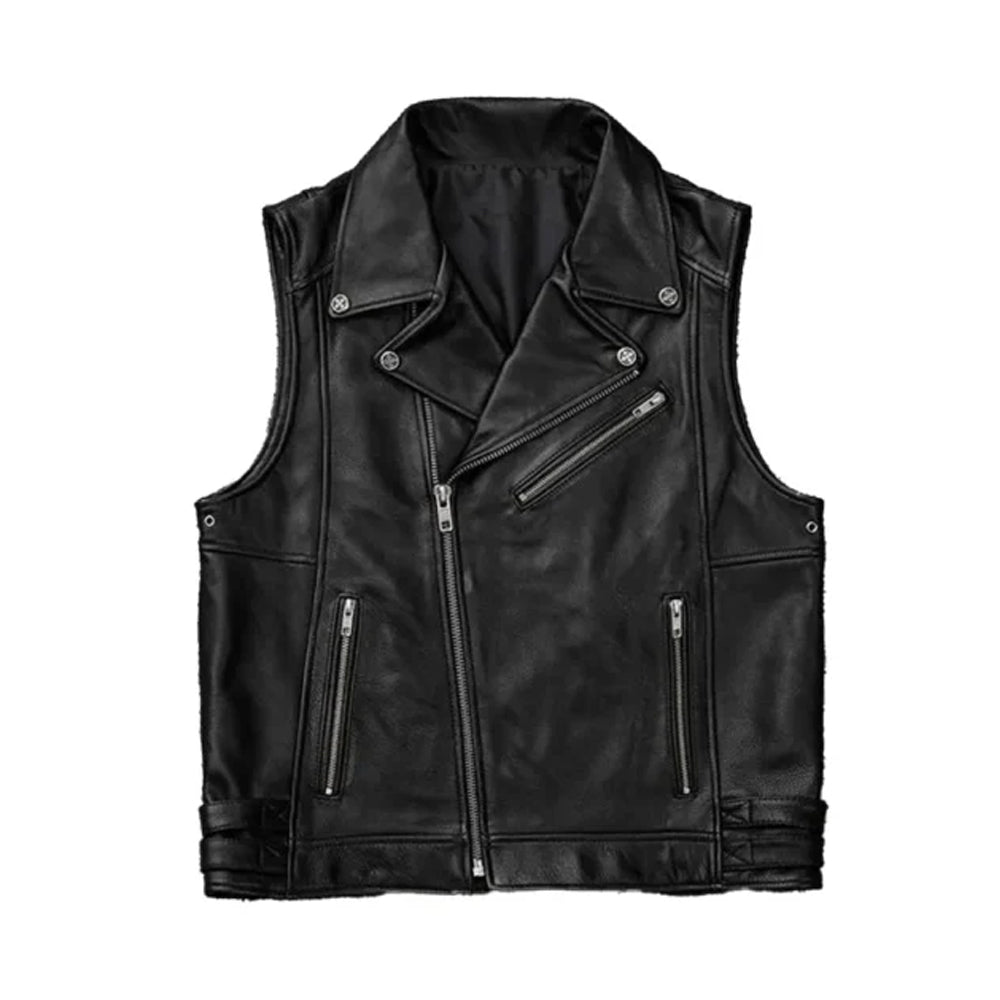 Men’s Black Biker Zipper Leather Vest The Leather Fit