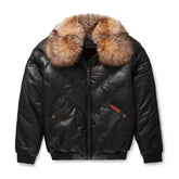 Men's Black Leather V-Bomber Jacket with Crystal Faux Fur The Leather Fit