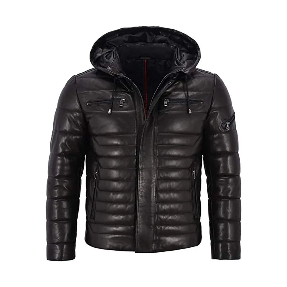 Men’s Black Puffer Hooded Quilted Jacket The Leather Fit