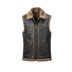 Men’s Black Vest With Brown Shearling Lining – Gilet with Zipper Pockets The Leather Fit