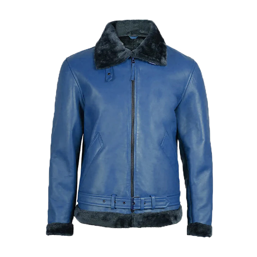 Men's Blue Fur Leather Shearling Bomber Jacket The Leather Fit
