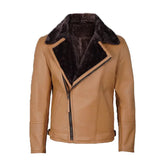 Men's Camel Brown Shearling Leather Moto Jacket The Leather Fit