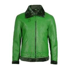Men's Green Fur Leather Shearling Bomber Jacket The Leather Fit