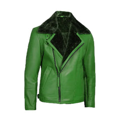Men's Green Leather Shearling Moto Jacket The Leather Fit