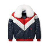 Men's Leather V-Bomber Jacket Red-Blue The Leather Fit