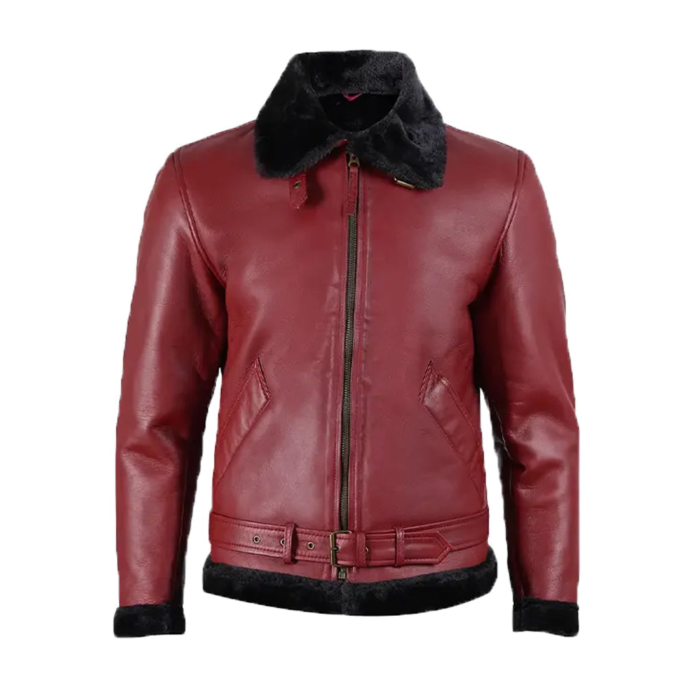 Men's Maroon Leather Shearling Bomber Jacket The Leather Fit