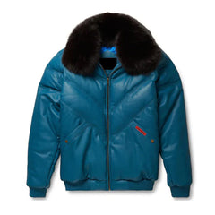 Men's Teal Leather V-Bomber Jacket The Leather Fit