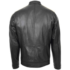 Men’s Black Leather Jacket with White Stripes backside