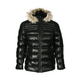 Mens Puffer Leather Jacket In Black With Fur Hoodie The Leather Fit