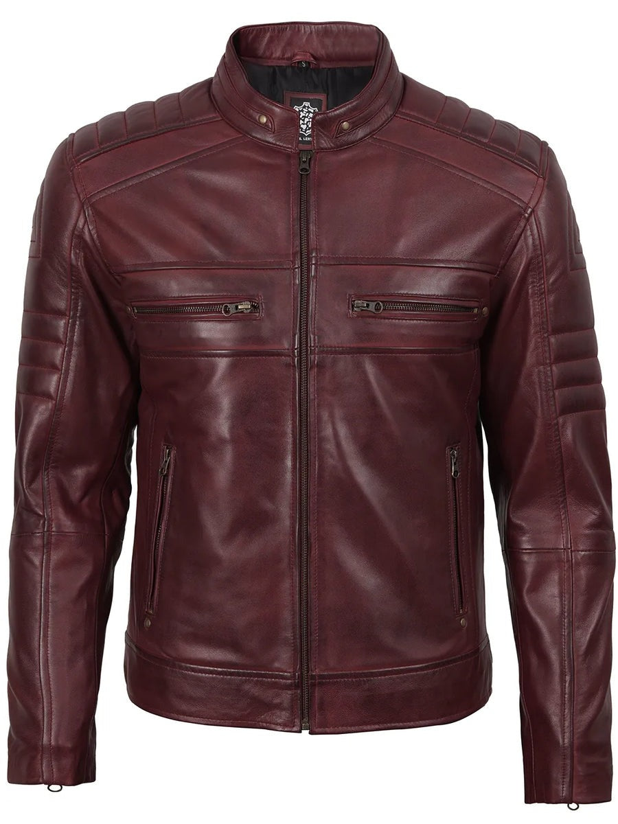Mens Burgundy Cafe Racer Style Leather Jacket The Leather Fit