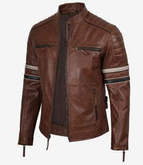 Men's Cognac Brown Leather Racer Jacket with Black and Beige Stripes The Leather Fit