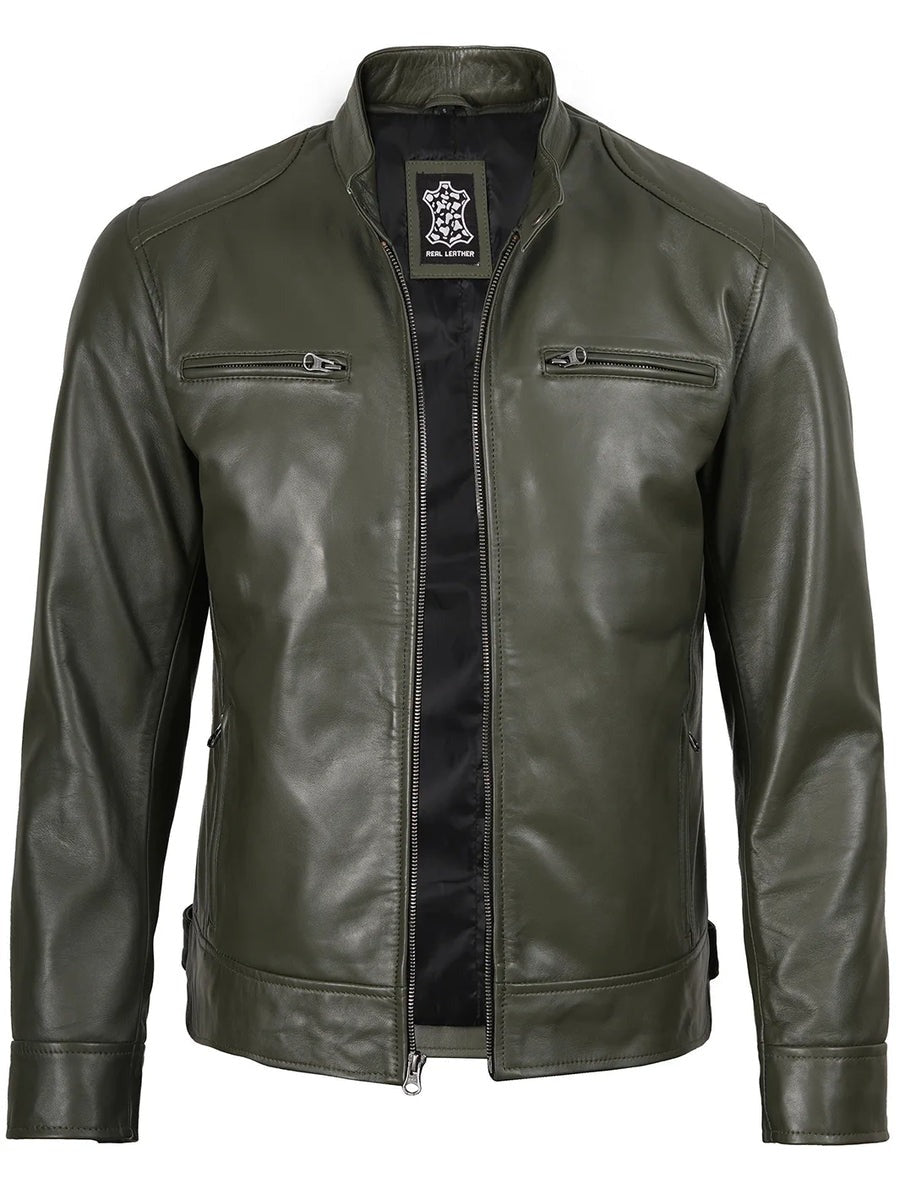 Real Leather Men's Green Cafe Racer Jacket The Leather Fit
