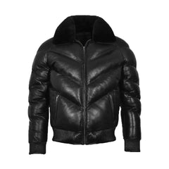 Puffer Padded Fur Bomber Leather Jacket Black The Leather Fit