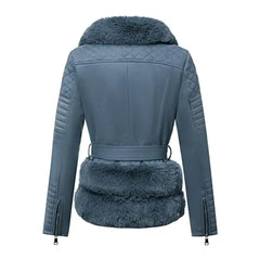Women Blue Quilted Fur Leather Jacket The Leather Fit
