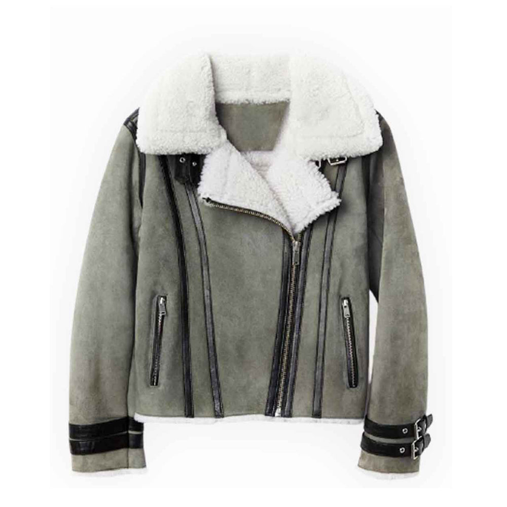 Women Asymmetrical Shearling Grey Leather Jacket The Leather Fit