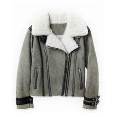 Women Asymmetrical Shearling Grey Leather Jacket The Leather Fit