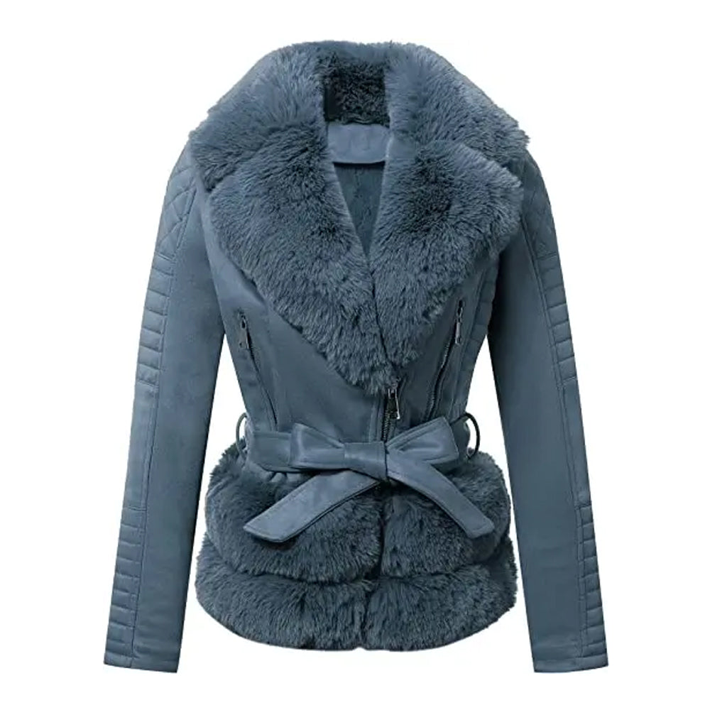 Women Blue Quilted Fur Leather Jacket The Leather Fit