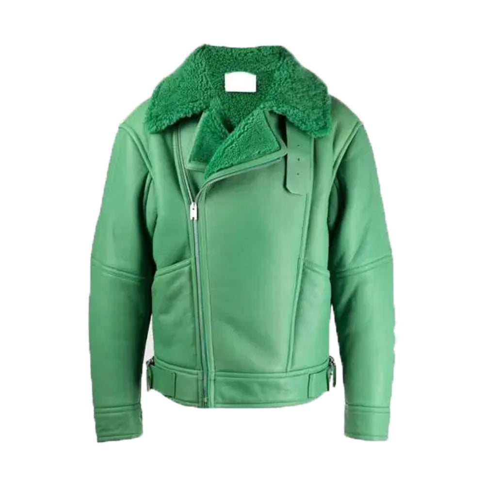 Women Green Aviator Shearling Leather Jacket The Leather Fit