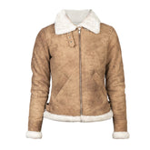 Women White Shearling B-3 Leather Bomber Distressed Beige Jacket The Leather Fit
