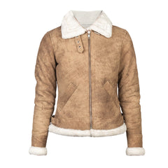 Women White Shearling B-3 Leather Bomber Distressed Beige Jacket The Leather Fit