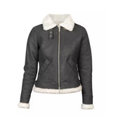 Women White Shearling Fur Leather Bomber Grey Jacket The Leather Fit