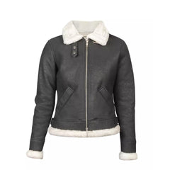 Women White Shearling Fur Leather Bomber Grey Jacket The Leather Fit