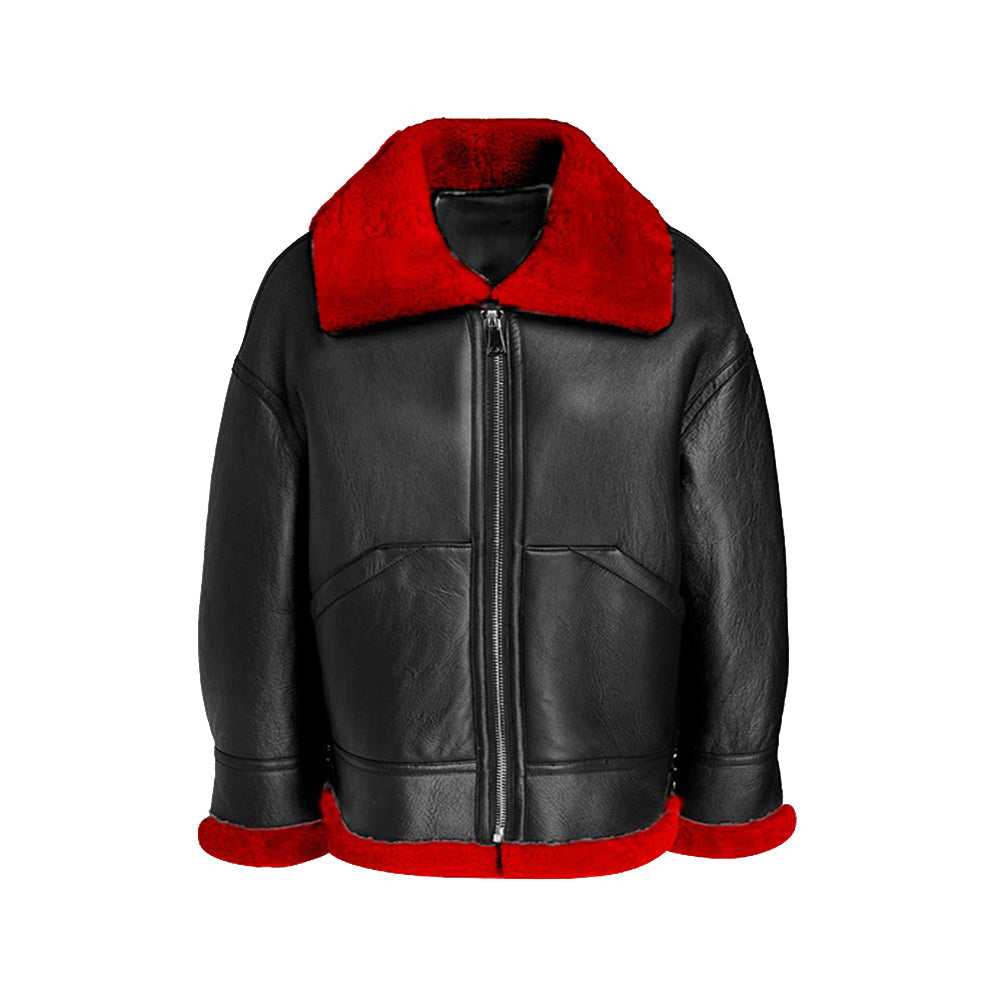 Women’s Aviator Leather Jacket with Red Shearling The Leather Fit
