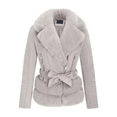Women’s Gray Quilted Fur Leather Jacket The Leather Fit